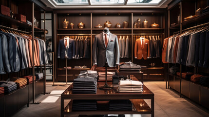 Clothing boutique with luxury male wardrobe full of expensive suits.
