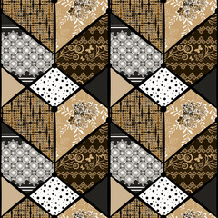 Seamless retro patchwork rustic floral, lace pattern. Beige, white brown background.