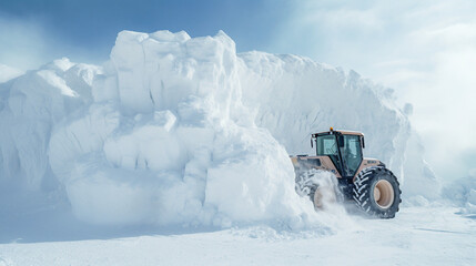 a winter service tractor drives through snow, an snow-doser is pushing huge amount of snow, machinery against ice
