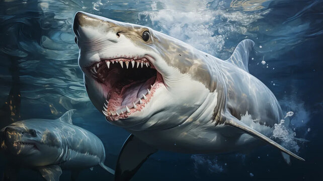 An underwater photo captures a terrifying shark, its wide mouth open, revealing rows of sharp teeth. The image conveys the raw and formidable essence of this marine predator.