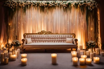 Photo of a beautifully decorated wedding stage with a cozy couch and elegant candles