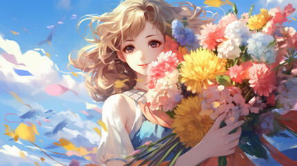A beautiful girl bouquet bright background beautiful women