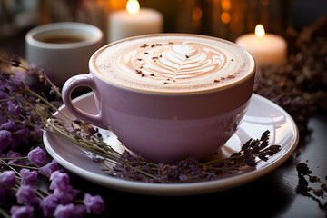 Lavender latte  with dried lavender buds and latte art 