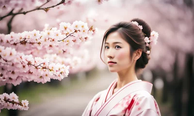 Fotobehang 満開の桜の花に包まれた着物の日本人女性、ポートレート。 © sima-box