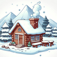 Cartoon style snow cabin photography with a whimsical and charming atmosphere