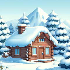 snowy landscape surrounding the cabin captured in cartoon style with realistic details