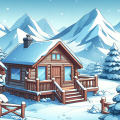 Creates a tranquil and magical ambiance into a frozen world of cartoon style snow cabin photography