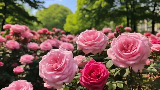 A breathtaking garden filled with vibrant pink roses. The photograph captures the intricate beauty of individual roses, showcasing their delicate petals and enchanting hues up close.