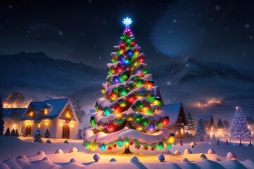 Village at night. Christmas or New Year tree with lights and decorations in the center. Greeting card. Generative AI
