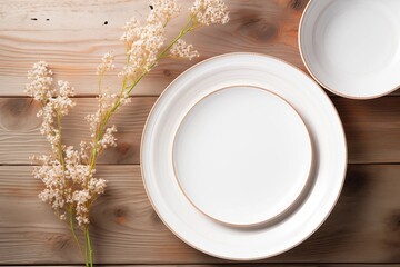 clean ceramic plates with floral decor on wooden table, top view