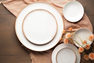 clean ceramic plates with floral decor on wooden table, top view