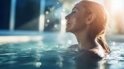 woman taking a bath and relaxing in jacuzzi or swimming pool water - obrazy, fototapety, plakaty