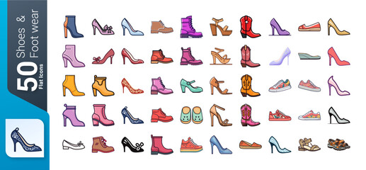 Shoes and Footwear Icon Set, Set of footwear and Shoes, , Flat Icons Set, Shoes Icons Collection