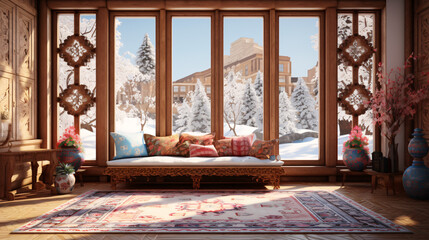 Living room in Uyghur style with wooden floor.