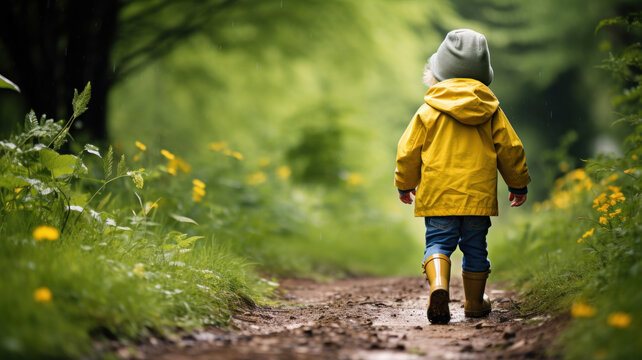small child walking on muddy path with yellow raincoat. exploring and discovery in childhood