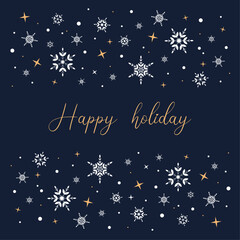 Happy holiday.  Blue card with white snowflakes on blue background.
