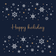 Happy holiday.  Blue card with white snowflakes on blue background.
