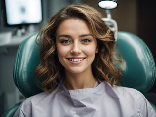 A smiling young woman in a dental chair. Check up by the dentist or cosmetic procedure (skin cleaning)