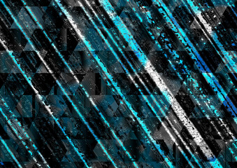 Abstract design with a black and blue color scheme, composed of diagonal lines and geometric shapes - 676359471