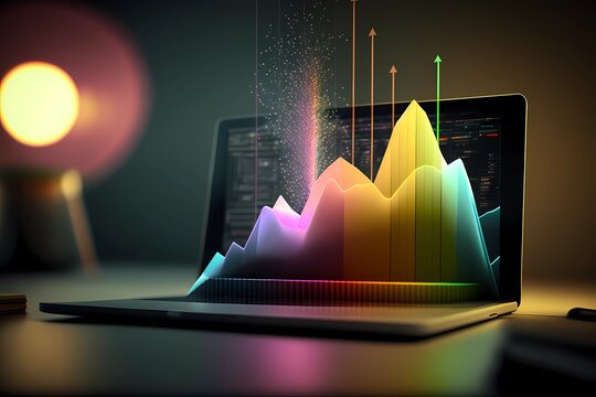  Charts Bursting Out Of A Laptop Screen. Representing Success And Growth For Business Or Financial. Networking On The Internet For Stock Market, Forex Or Performance Progress Achievement. Generated AI