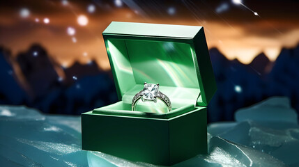 Engagement ring with a precious stone in a green gift box, nestled in snow against the background of a polar night with northern lights.