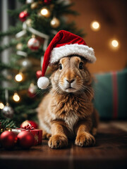 Obraz premium Cute hare or rabbit wearing Santa Claus red hat under the Christmas tree. Merry Christmas and Happy New Year decoration around. New Year card