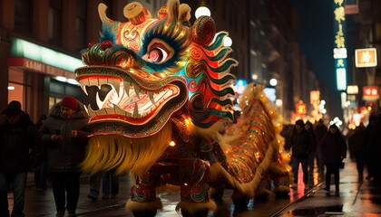 Vibrant chinese new year street procession with mythological float, adding to festive ambiance