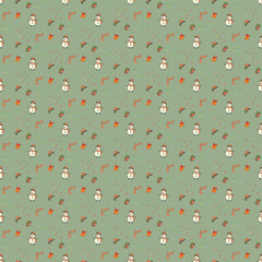 festive New Year's Christmas seamless pattern with snowman, hat, scarf, gift boxes. vector illustration
