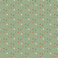 festive New Year's Christmas seamless pattern with snowman, hat, scarf, gift boxes. vector illustration