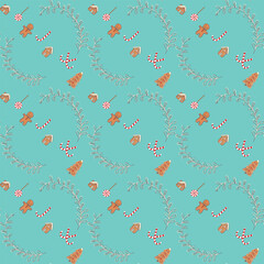 festive New Year's Christmas seamless pattern with ginger and a man, houses, Christmas tree, candy. vector illustration