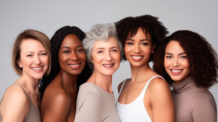 studio portrait  five women with different age and diversity skin tones for advertising product design - obrazy, fototapety, plakaty