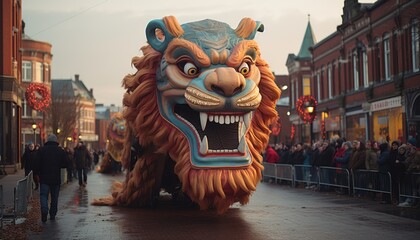 Chinese new year street procession with colorful float of chinese mythological character