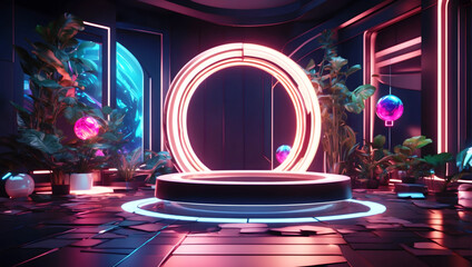 Virtual reality environment with glowing geometric shapes and dynamic neon patterns suspended in a dark, surreal space.