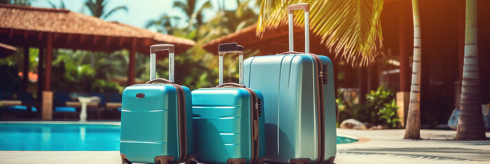 Luggage suitcases beside resort swimming pool for tourism summer. - Powered by Adobe