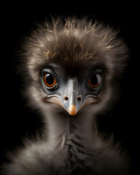 portrait of a cute baby emu  chick with piercing eye