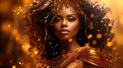 Tuinposter  African American woman girl in golden dress  on golden sparkling background  for advertising product design © KEA