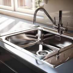 Stainless steel shiny perfectly clean sink for kitchen. - obrazy, fototapety, plakaty
