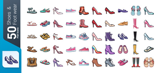Shoes and Footwear Icon Set, Set of footwear and Shoes, , Flat Icons Set, Shoes Icons Collection