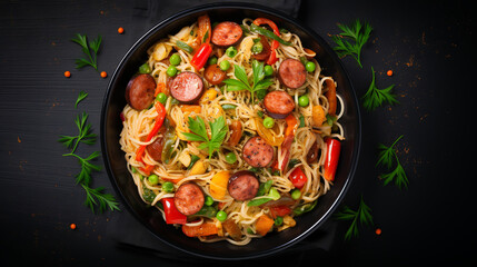 Noodles with fried Sausages. Delicious food  