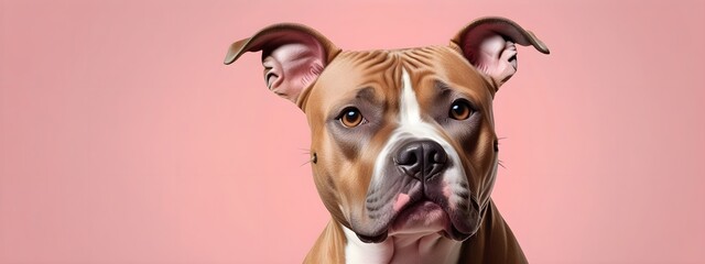 Studio portraits of a funny American Staffordshire Terrier dog on a plain and colored background. Creative animal concept, dog on a uniform background for design and advertising.
