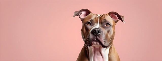 Studio portraits of a funny American Staffordshire Terrier dog on a plain and colored background. Creative animal concept, dog on a uniform background for design and advertising.