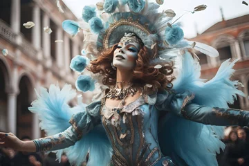 Foto auf Glas Beautiful closeup portrait of young woman in traditional venetian carnival mask and costume, dancing at the national Venice festival in Italy. © AnaWein