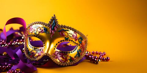 Colorful traditional venetian or mardi gras carnival mask with decoration for national festival celebration on yellow background.