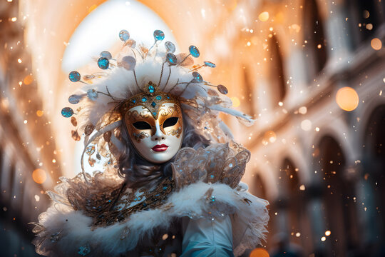 Beautiful closeup portrait of young woman in traditional venetian carnival mask and costume, at the national Venice festival in Italy.