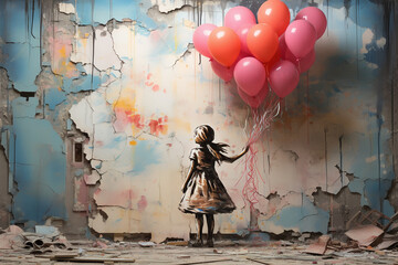 flight attendant, wall-painting, style of girl with balloon, sprayed on brickwall, ai generative