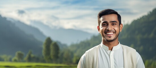 In the background of an isolated landscape a happy Indian man with a white smile on his face celebrates Eid portraying the joyous lifestyle of the Asian and Islamic people during Ramadan - obrazy, fototapety, plakaty