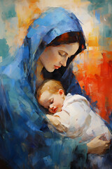 Obraz na płótnie Canvas Mary Carrying Jesus Painting, Expressionism, Mary Cradling Jesus, Mary Holding Christ, Digital Art