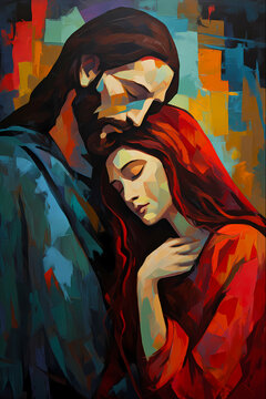 Jesus and Mary Magdalene embracing red hair dress blue robe expressionism