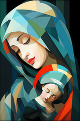 Mother Mary holding baby Jesus geometric cubism art Madonna with child