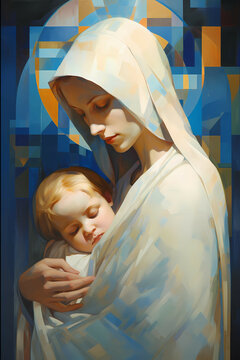 Blessed mother holding baby jesus wrapped in white cloak blue gold orange